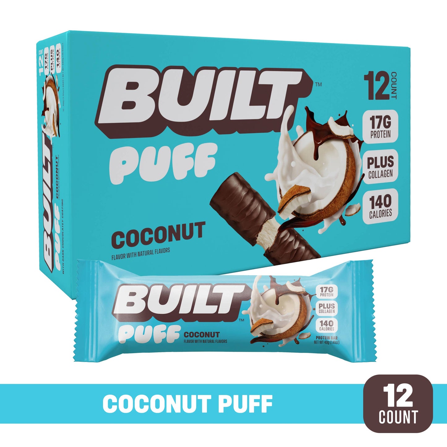 BUILT Puff Protein Bars, Coconut, 12ct Box