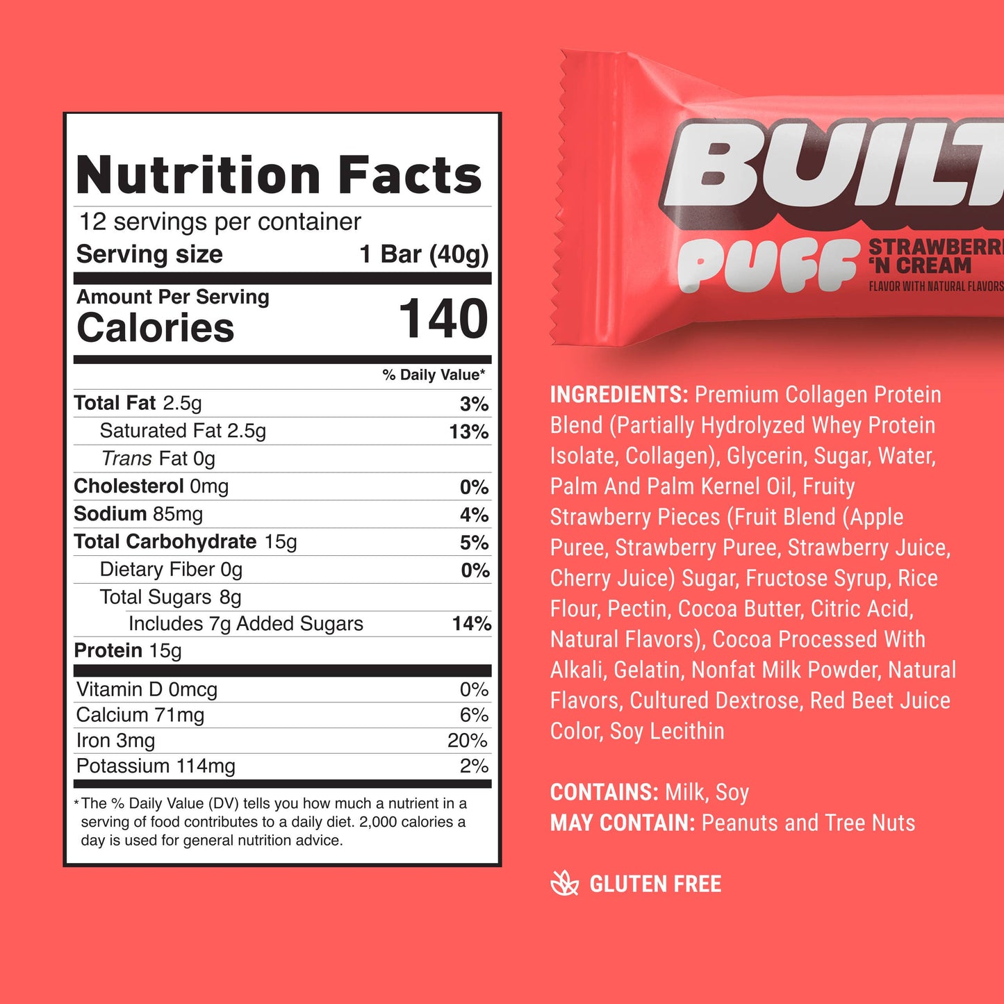 BUILT Puff Protein Bars, Strawberries 'N Cream, 12ct Box