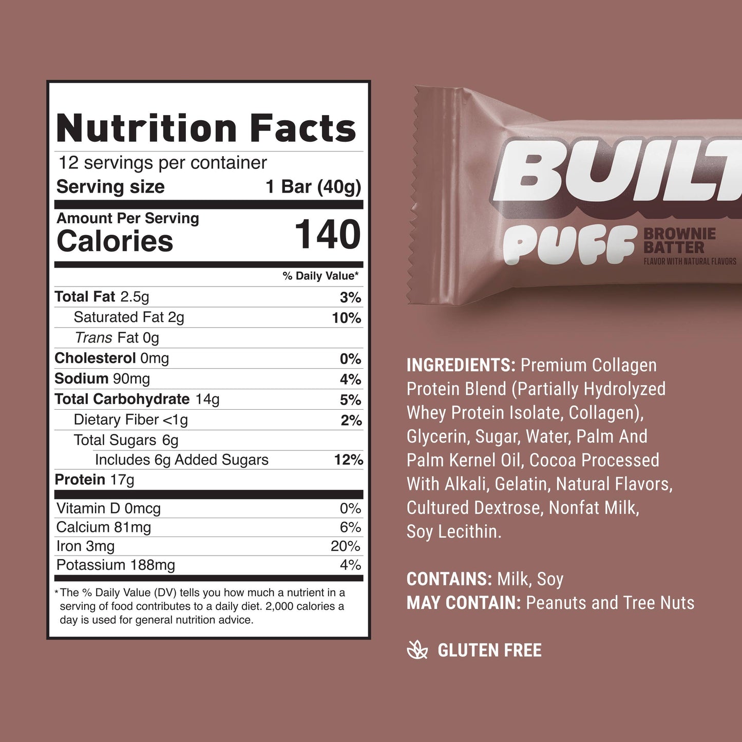 BUILT Puff Protein Bars, Brownie Batter, 12ct Box