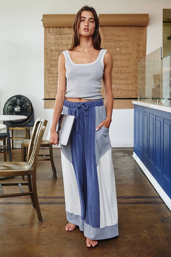 P5520 Color-Block Detail Rib Textured Wide Legs Pants: Rust/Nude / S-M-L (2-2-2)