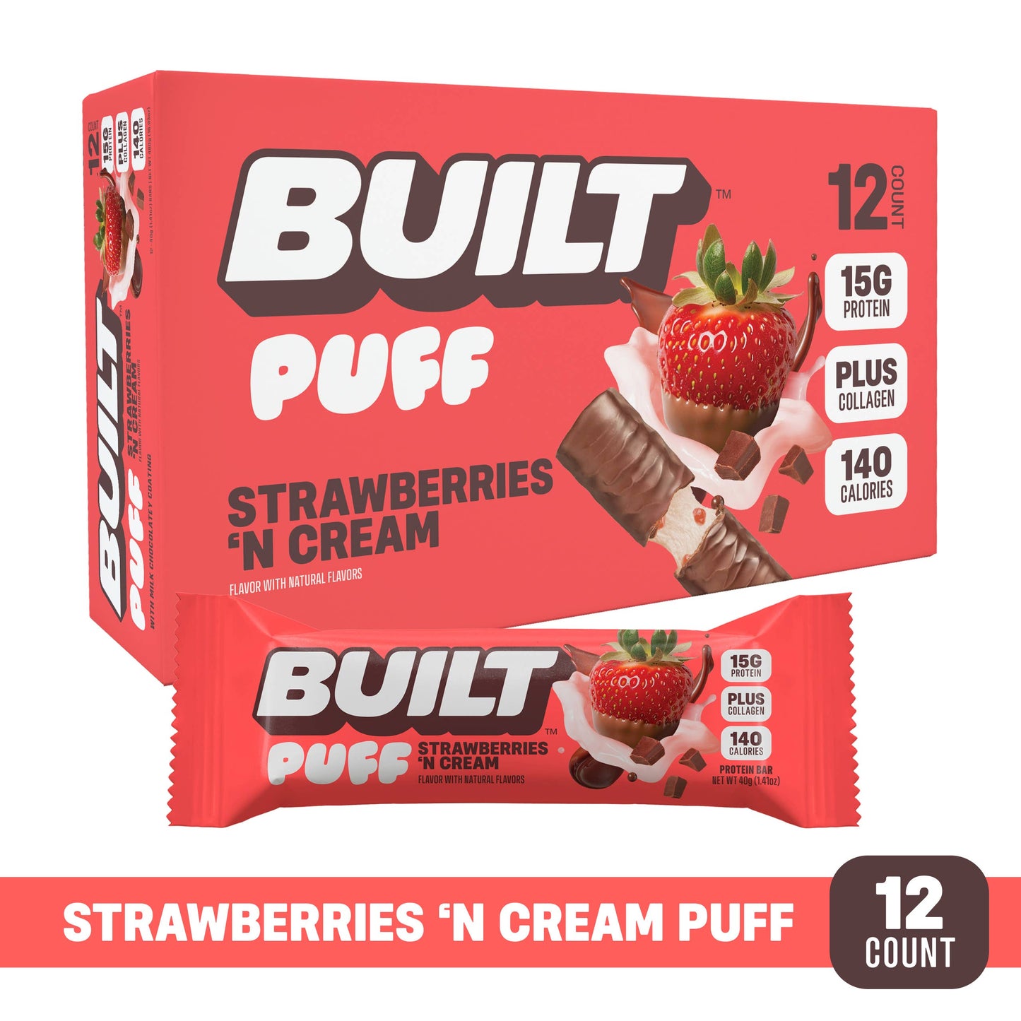 BUILT Puff Protein Bars, Strawberries 'N Cream, 12ct Box