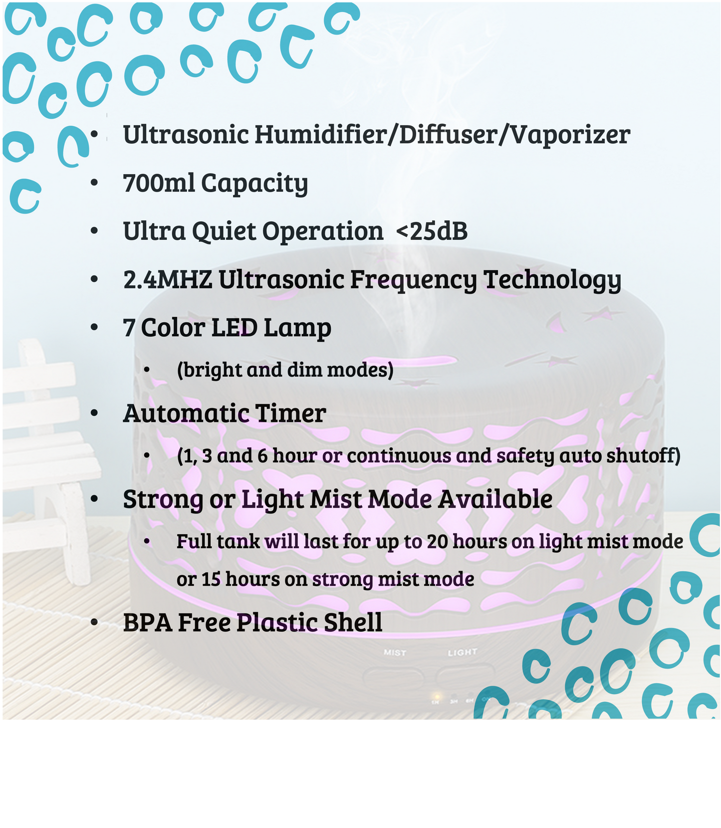 Designer 700ml Ultrasonic 5 in 1 Home Diffuser, Hearts: Dark Wood