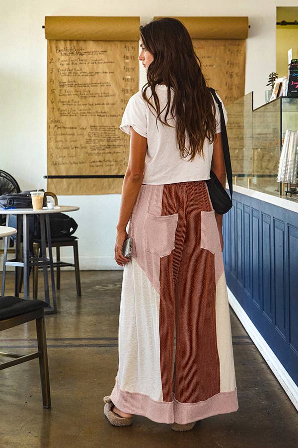 P5520 Color-Block Detail Rib Textured Wide Legs Pants: Rust/Nude / S-M-L (2-2-2)