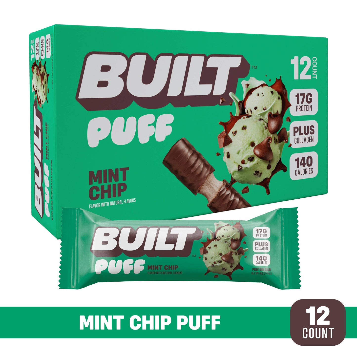 BUILT Puff Protein Bars, Mint Chip, 12ct Box