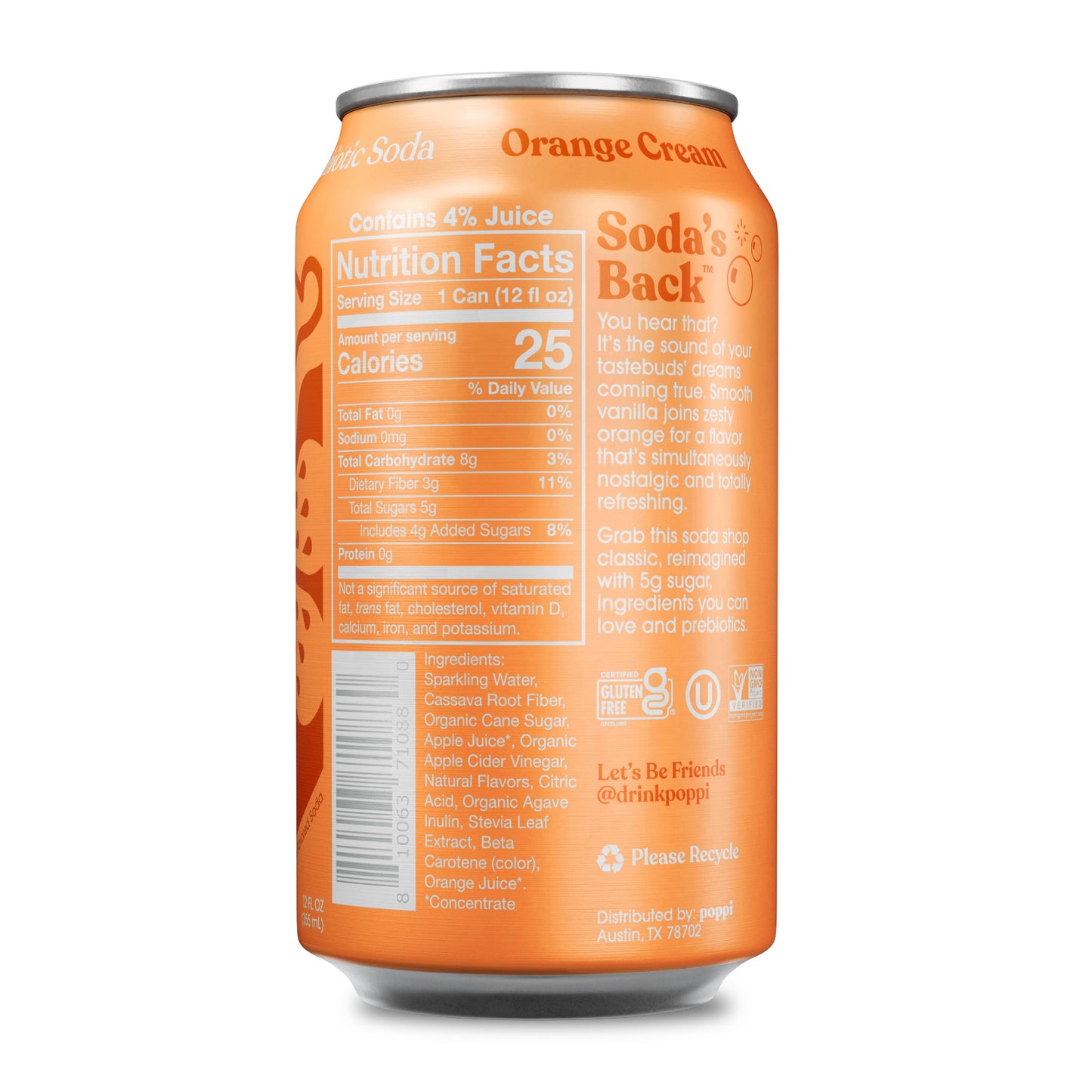 Poppi Prebiotic Soda, Orange Cream, 12oz