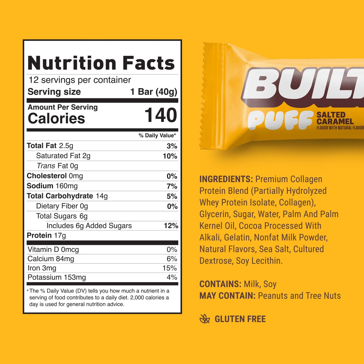 BUILT Puff Protein Bars, Salted Caramel, 12ct Box