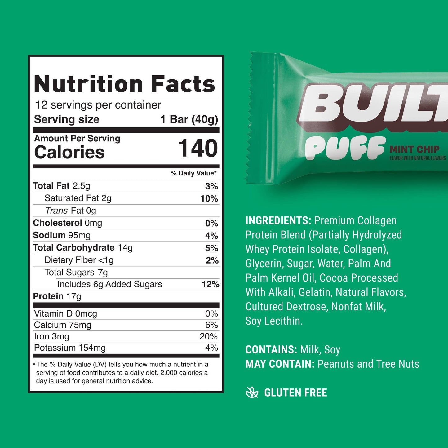 BUILT Puff Protein Bars, Mint Chip, 12ct Box