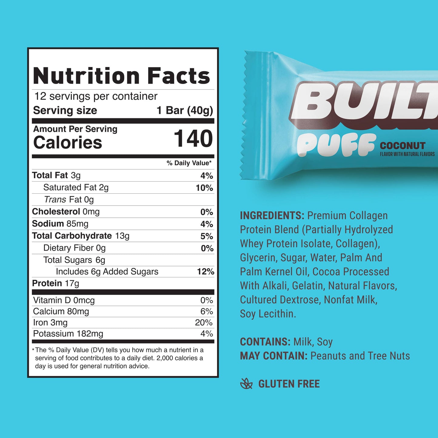 BUILT Puff Protein Bars, Coconut, 12ct Box