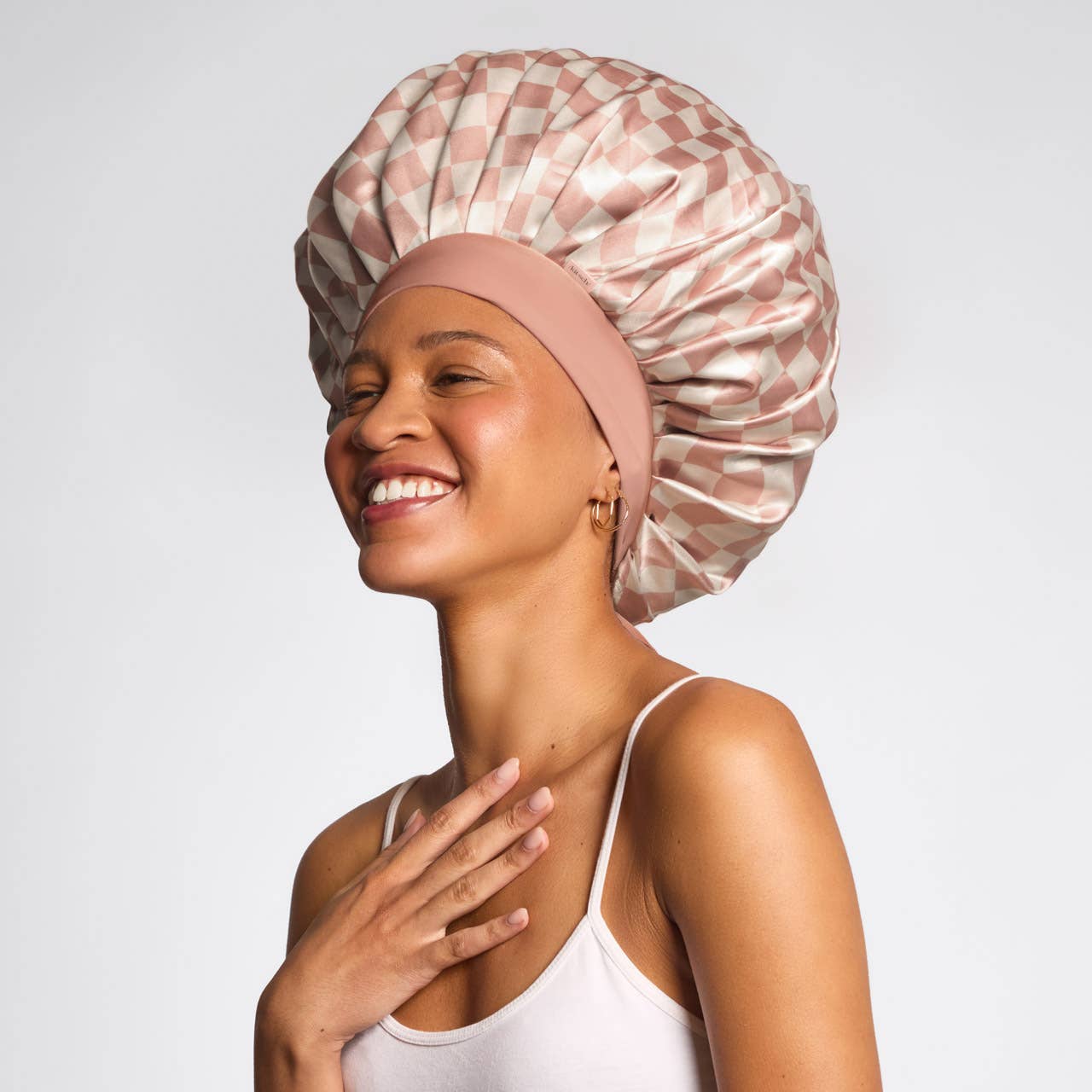 Oversized Satin Bonnet - Terracotta Checker