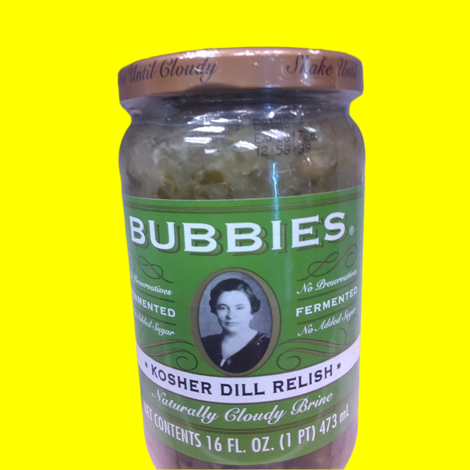 Jar of Bubbies Kosher Dill Relish on a white background