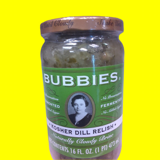 Jar of Bubbies Kosher Dill Relish on a white background