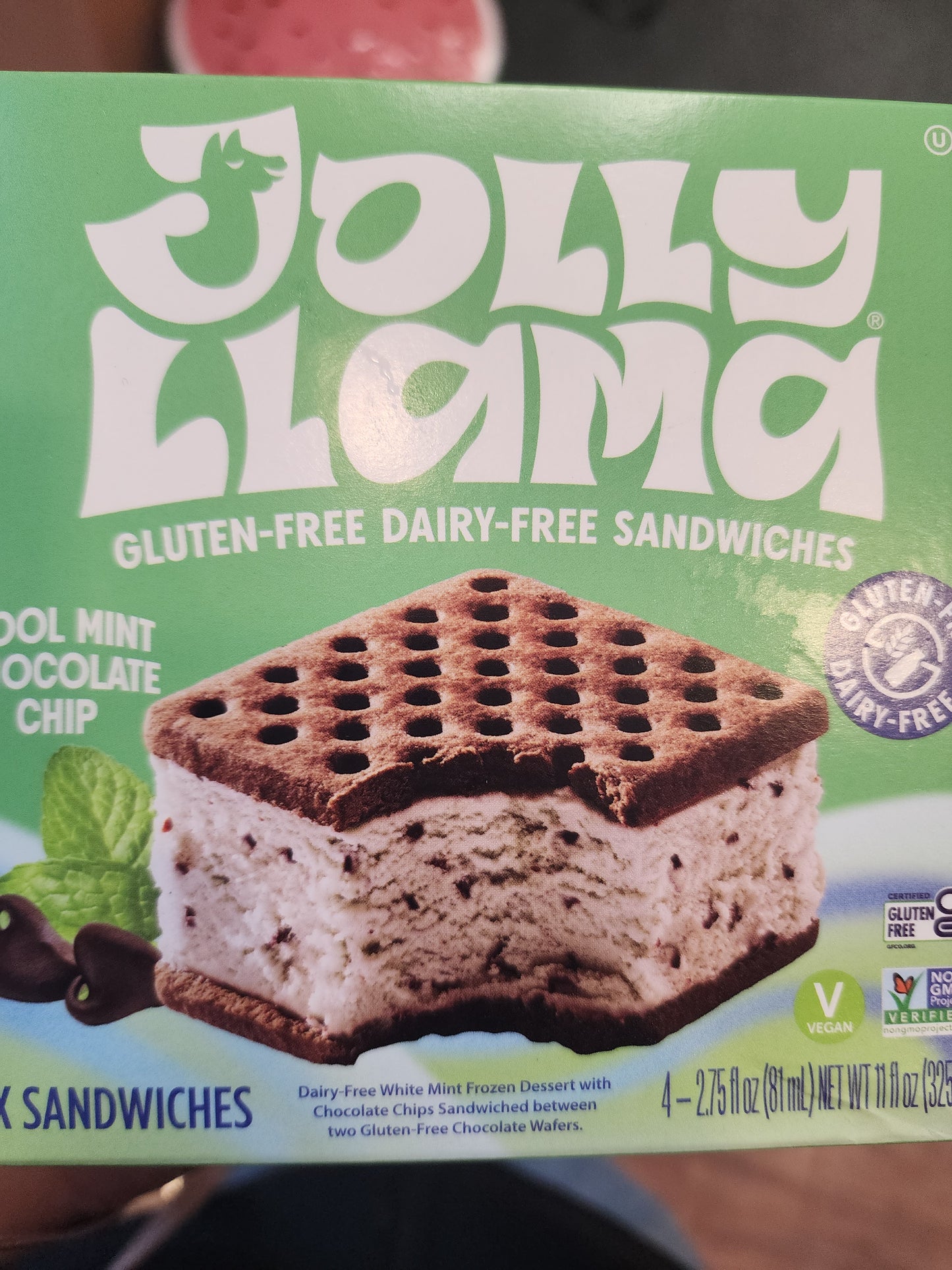 Jolly Llama Gluten Free Dairy Free Sandwich Cool mint Chocolate chip