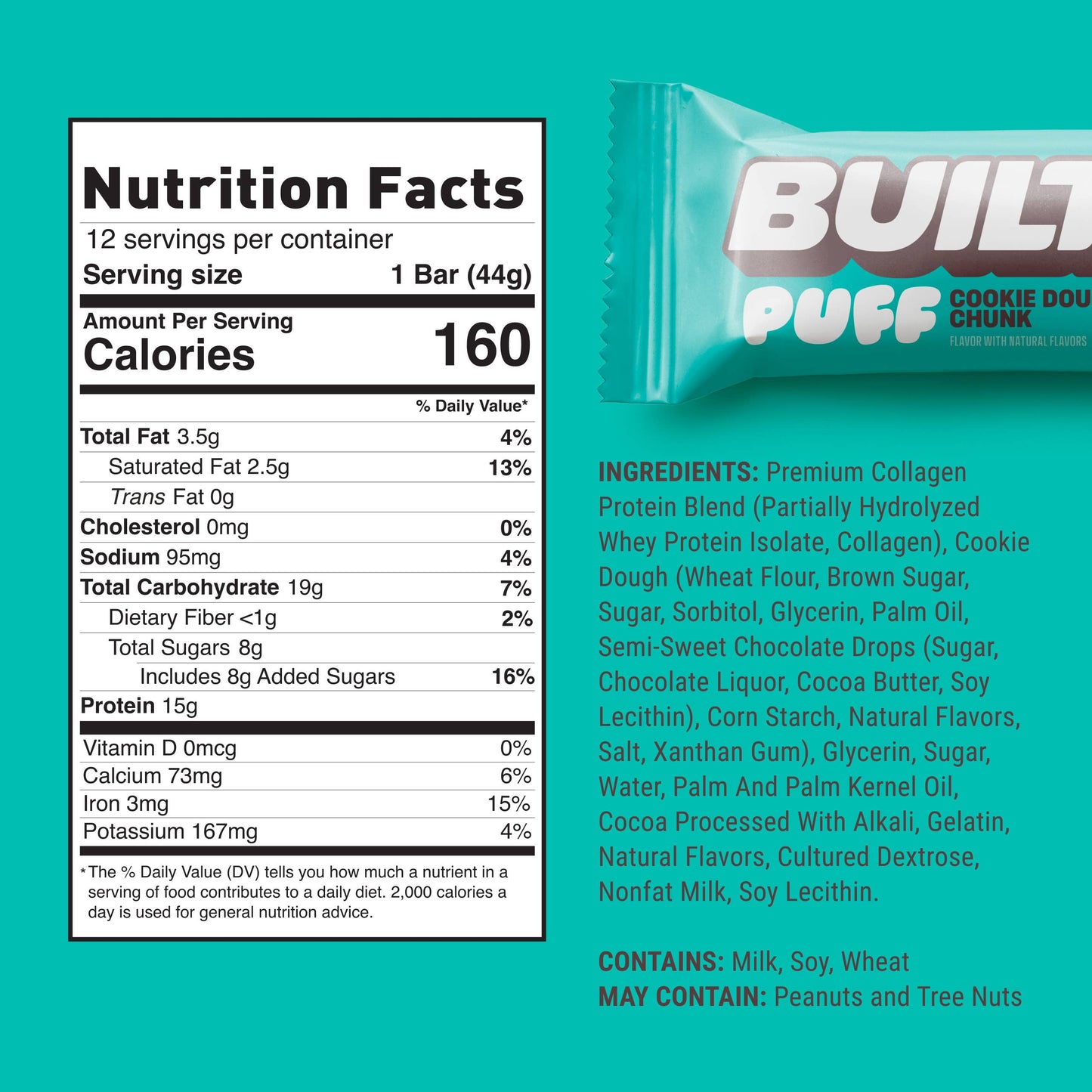 BUILT Puff Protein Bars, Cookie Dough Chunk, 12ct Box