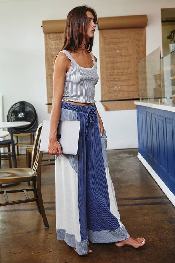 P5520 Color-Block Detail Rib Textured Wide Legs Pants: Rust/Nude / S-M-L (2-2-2)