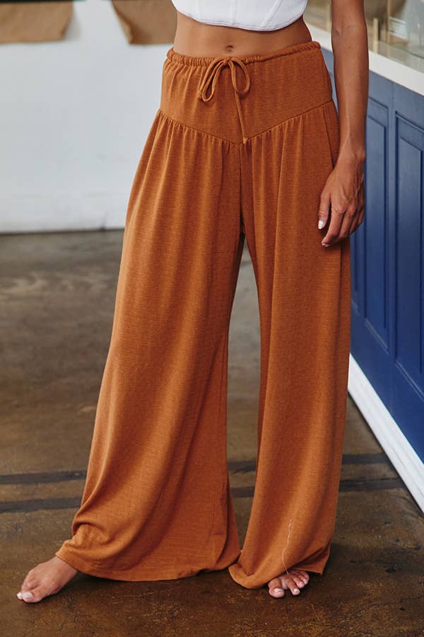 P5548-1 Wide Leg Flattering Drape Solid Pants: CAMEL / S-M-L (2-2-2)
